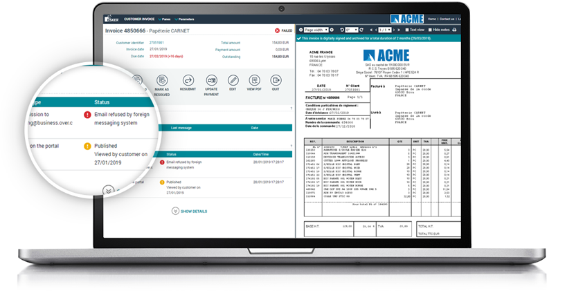 Esker's invoice solution showing errors in the side by side view on a laptop Esker's invoice solution showing errors in the side by side view on a laptop